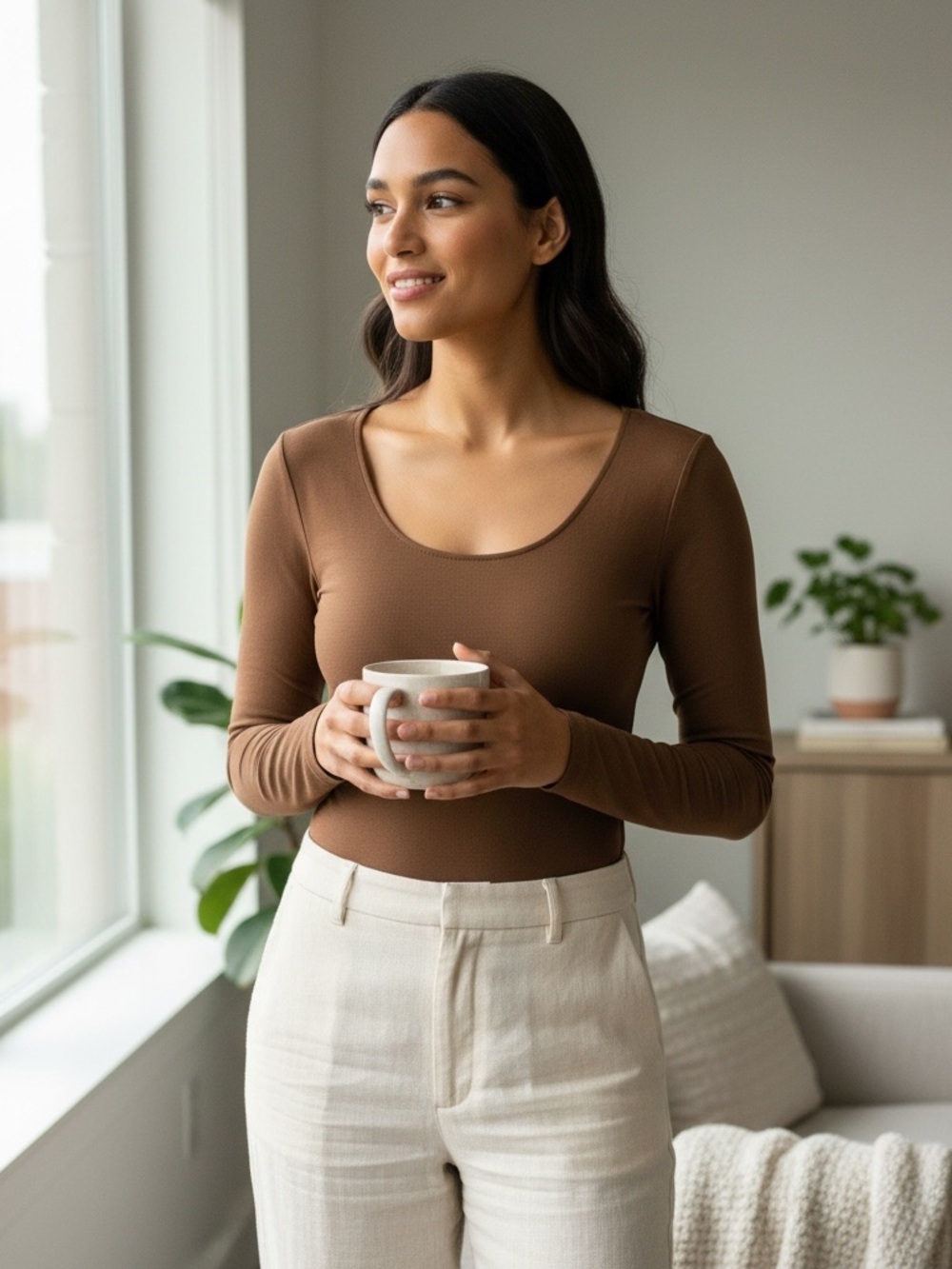 nuuds Long Sleeve Crewneck Bodysuit in the shade Chocolate